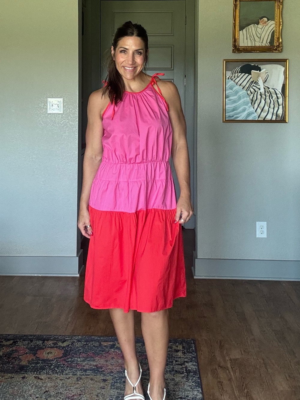 London Times Petite Large Pink Coral Colorblock Tie Strap Midi Dress